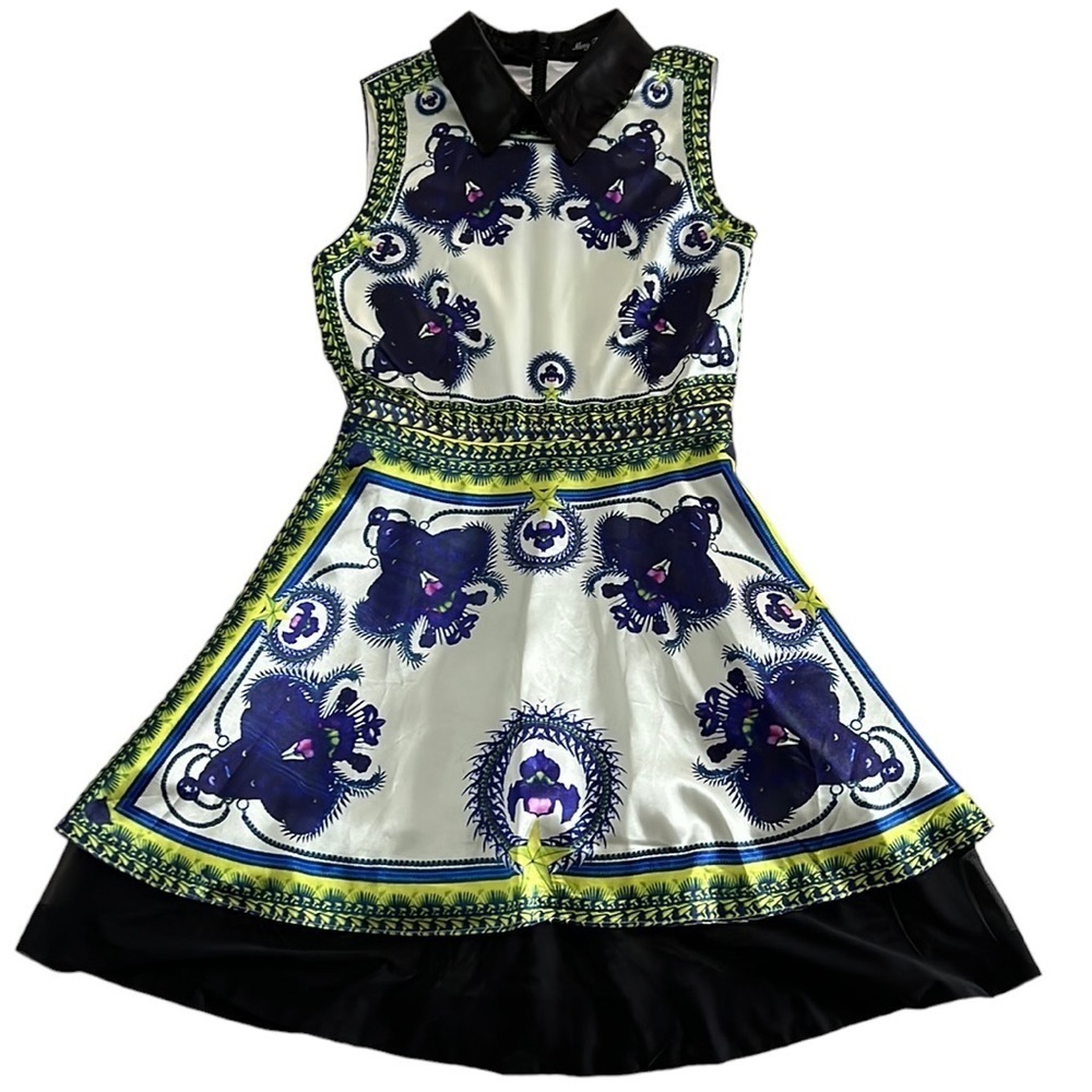 Purple and Black Fit and Flare Mini Dress with Mandarin Collar